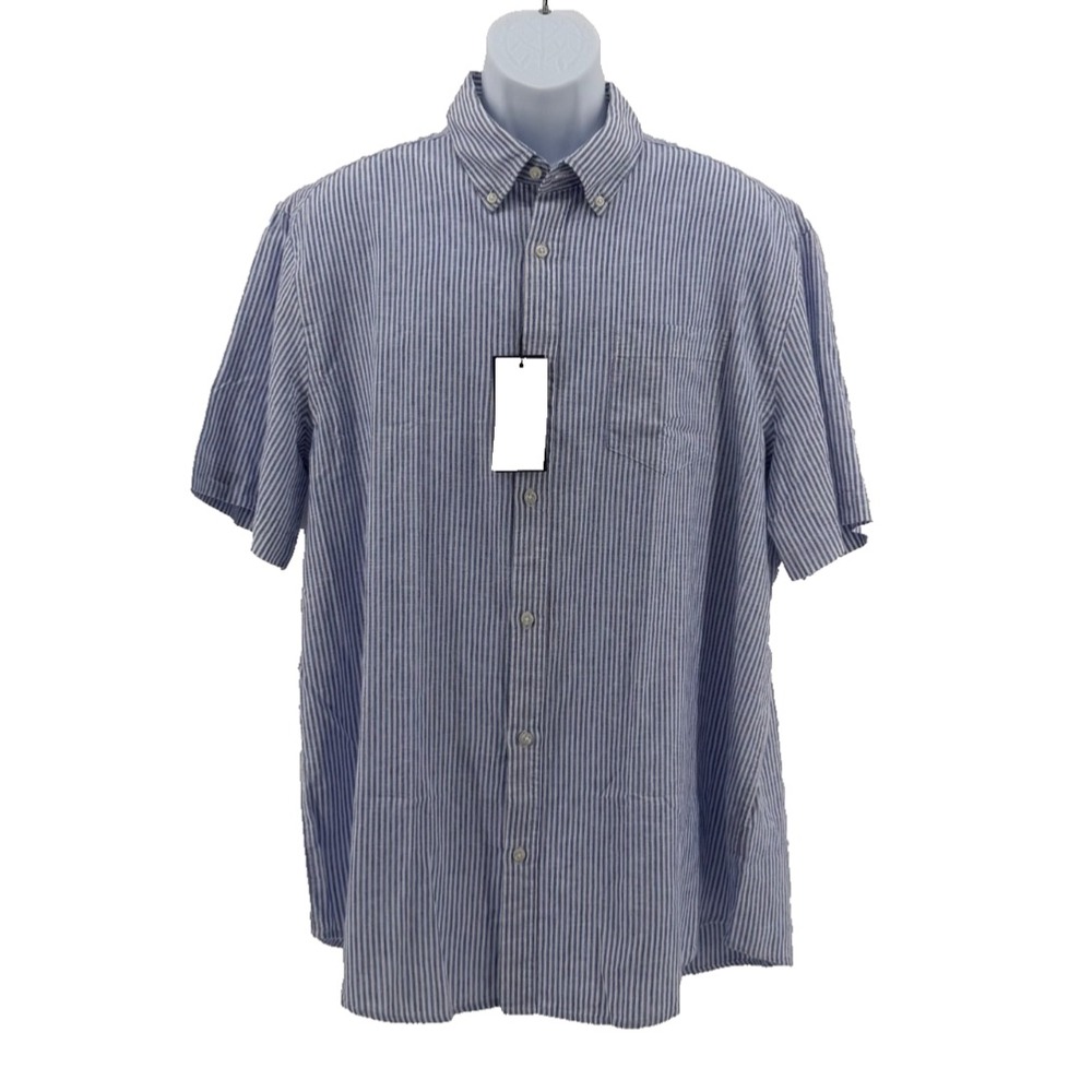 Piombo Striped Linen Cotton Shirt Men's XXL Button Front Blue White Short Sleeve